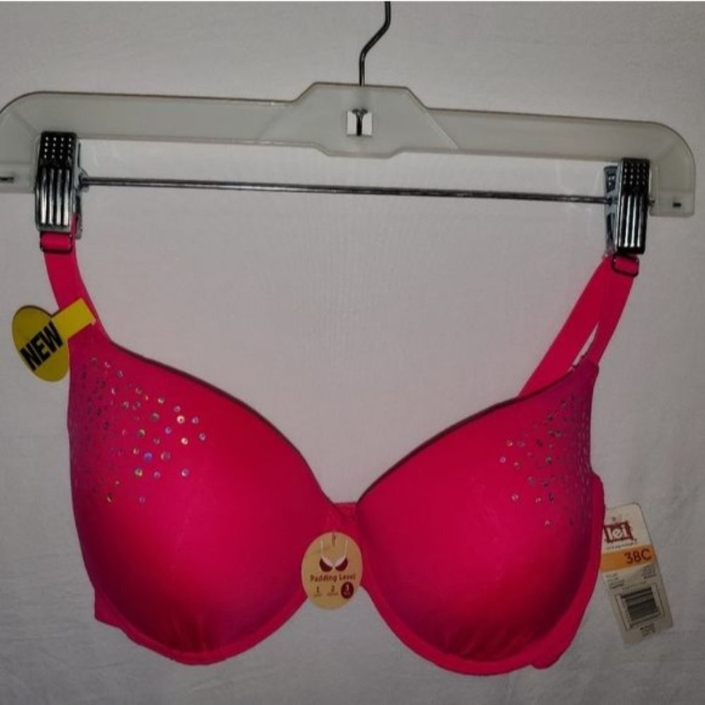 L.E.I. Bright Pink Push Up Bra 38C Adjustable Straps Lift Support LE223